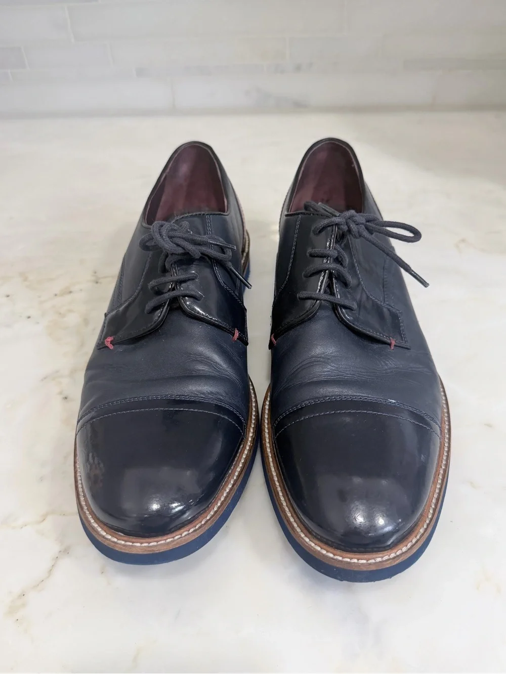 Ted Baker London Navy Leather Cap-Toe Derbys with Brown Welt